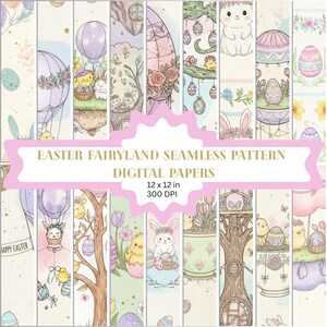Papier numérique motif transparent Pâques Fairyland, lapins en papier à répétition, adorable emballage cadeau lapin peep, couverture, chemise, etc.