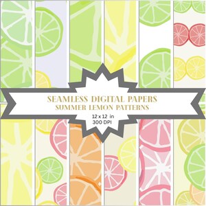 May include: Seamless digital papers featuring summer lemon patterns. The design includes slices of lemons, limes, and oranges in various colors. The papers are 12 x 12 inches and 300 DPI.
