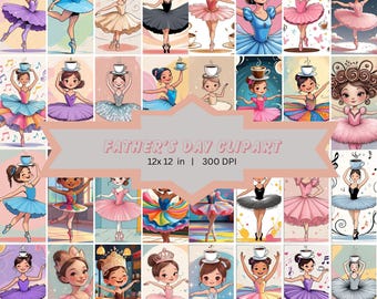 May include: A collection of colorful digital illustrations of ballet dancers, each holding a teacup on their head. The dancers wear tutus in various colors, including pink, blue, and purple. The text "FATHER'S DAY CLIPART" is displayed in the center, with dimensions of 12x12 inches and 300 DPI.
