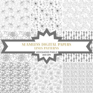 Puede incluir: Una colección de papeles digitales sin costuras con varios patrones de arte lineal floral y botánico. Los diseños incluyen dibujos detallados de flores, hojas y otros elementos naturales, todos en blanco y negro. La imagen también incluye el texto "SEAMLESS DIGITAL PAPERS LINES PATTERNS 4000x4000 PIXELS 300 DPI."