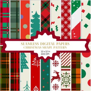May include: A collection of seamless digital papers with a Christmas shape pattern. The papers feature various festive designs, including plaid, trees, snowflakes, and reindeer. The papers are 12 x 12 inches and 300 DPI.