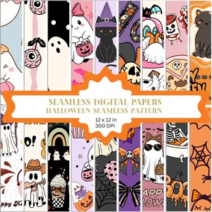 Puede incluir: Una colección de papeles digitales con temática de Halloween con varios patrones. Los diseños incluyen fantasmas, gatos con sombreros de bruja, calabazas y otros elementos espeluznantes. El texto en la imagen dice "SEAMLESS DIGITAL PAPERS HALLOWEEN SEAMLESS PATTERN 12 x 12 in 300 DPI".