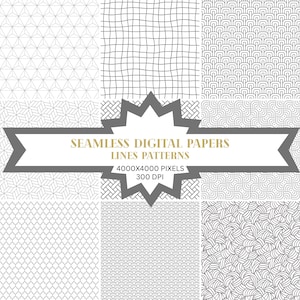 Könnte beinhalten: Eine Sammlung von neun nahtlosen digitalen Papiermustern in Grau- und Weißtönen. Die Muster umfassen geometrische Formen, Wellenlinien und Rasterdesigns. Text auf einem Banner lautet "SEAMLESS DIGITAL PAPERS LINES PATTERNS 4000x4000 PIXELS 300 DPI."