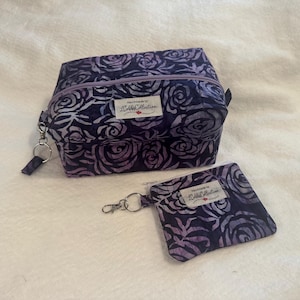 Makeup cosmetics travel accessory bag boxy style with matching coin purse Dark purple rose print.