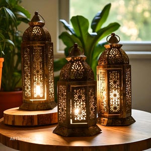 Metal Moroccan Lantern Candelabra – Vintage Hurricane Lamp Candle Holder – Retro Iron Décor