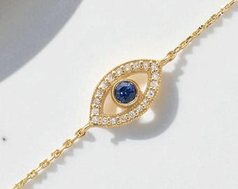 Minimalist Blau Saphir Evil Eye Armband, 14K Solid Gold Zierliche Diamant Armband, Zierliche Glücksbringer für Frauen Armband