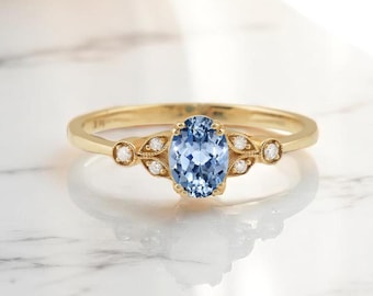 Cornflower Blue Sapphire Diamond Halo Wedding Ring: 14K Solid Gold Engagement Certified Ring