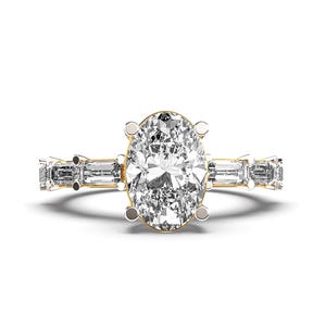 Oval Lab Grown Diamond Engagement Ring: 14K Gold Baguette Accents, Vintage Style