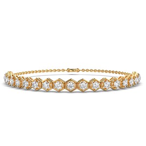 Hexagon Design Loose Round Diamond Solid Gold Chain Bracelet, IGI Certified Lab Grown Diamond Geometric Bracelet, Dainty Tennis Bracelet