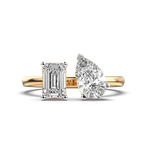 Toi et Moi Lab Grown Diamond Engagement Ring, 14K Solid Gold 1.60 Carat Pear and Emerald Shape Lab Diamond Engagement Ring, You & Me Ring