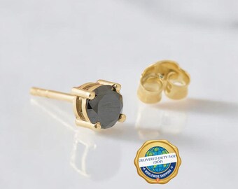 14K Gold Black Diamond Stud Earrings, Black Diamond Stud Earrings, Prong Setting Black Diamond Studs Earrings, Gift for Her