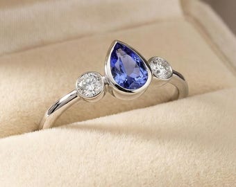 Natural Pear Tanzanite Ring, Solid Gold Bezel Set Diamond Ring, Dainty Three Stone Engagement Ring, Teardrop December Birthstone Gift