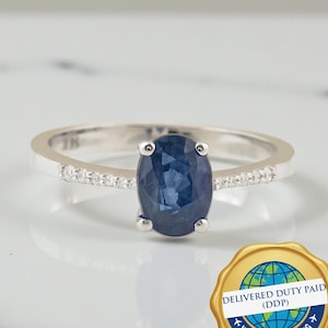 Oval Blue Sapphire Engagement Solid Gold Ring, Diamond Wedding Band