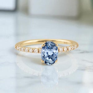 Cornflower Sapphire Engagement Ring, 14K Yellow Gold Oval Cut Sapphire Cornflower Wedding Ring, Natural Light Sapphire Handmade Ring