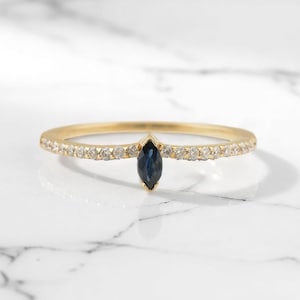 Marquise Sapphire and Round Real Diamond Minimal Ring, Gold Blue Marquise Sapphire Stacking Ring, Dainty Naturel Sapphire Engagement Ring