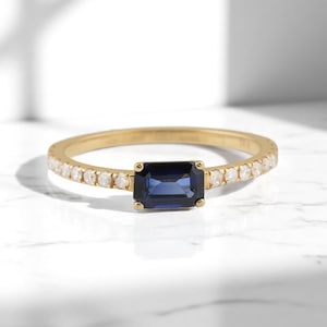 Baguette Sapphire Diamond Stacking Ring: 14K Solid Gold Engagement Ring