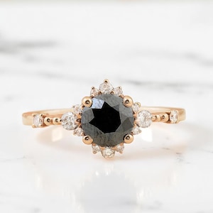 Solid Gold Real Black Diamond Engagement Ring, Dainty Black Diamond Ring, Minimal Round Black Diamond Band, Certified Black Diamond Jewelry