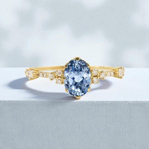 Cornflower Blue Sapphire and Diamond Engagement Ring, Solid Gold Diamond Cornflower Sapphire Halo Wedding Ring, Light Sapphire Handmade Ring
