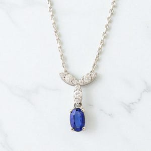 Blue Sapphire Pendant Necklace in White Gold, Real Diamond Accent September Birthstone Jewelry, Dainty Fine Jewelry Gift for Her