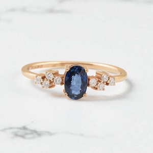 Blue Sapphire Engagement Ring, Dainty Blue Gemstone Diamond Ring, Oval Shape Natural Blue Sapphire Wedding Band, Sapphire Birthstone Jewelry