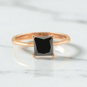 Solid Gold Black Diamond Solitaire Ring - Princess Cut VVS