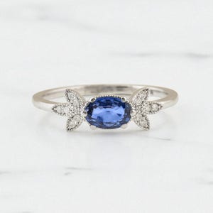 Blauwe saffier verlovingsring, handgemaakte natuurlijke ovale vorm blauwe saffier echte diamanten trouwring, 14K massief gouden blauwe edelsteenring