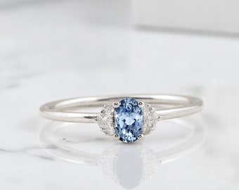 Cornflower Sapphire Diamond Halo Dainty Minimal Ring: 14K Solid Gold Engagement Wedding Certified Ring