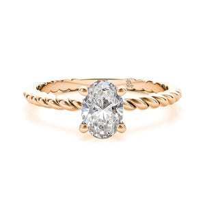 Lab Grown Oval Diamond Ring: 14K Rose Gold Twisted Solitaire, IGI Certified
