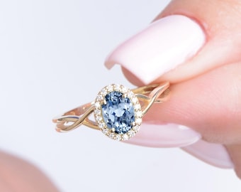 Cornflower Blue Sapphire Diamond Halo Ring: 14K Solid Gold Engagement Wedding Certified Ring