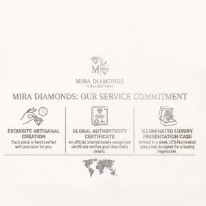 May include: A white informational card for Mira Diamonds Collection featuring the text MIRA DIAMONDS: OUR SERVICE COMMITMENT. It displays three sections: Exquisite Artisanal Creation, Global Authenticity Certificate, and Illuminated Luxury Presentation Case.