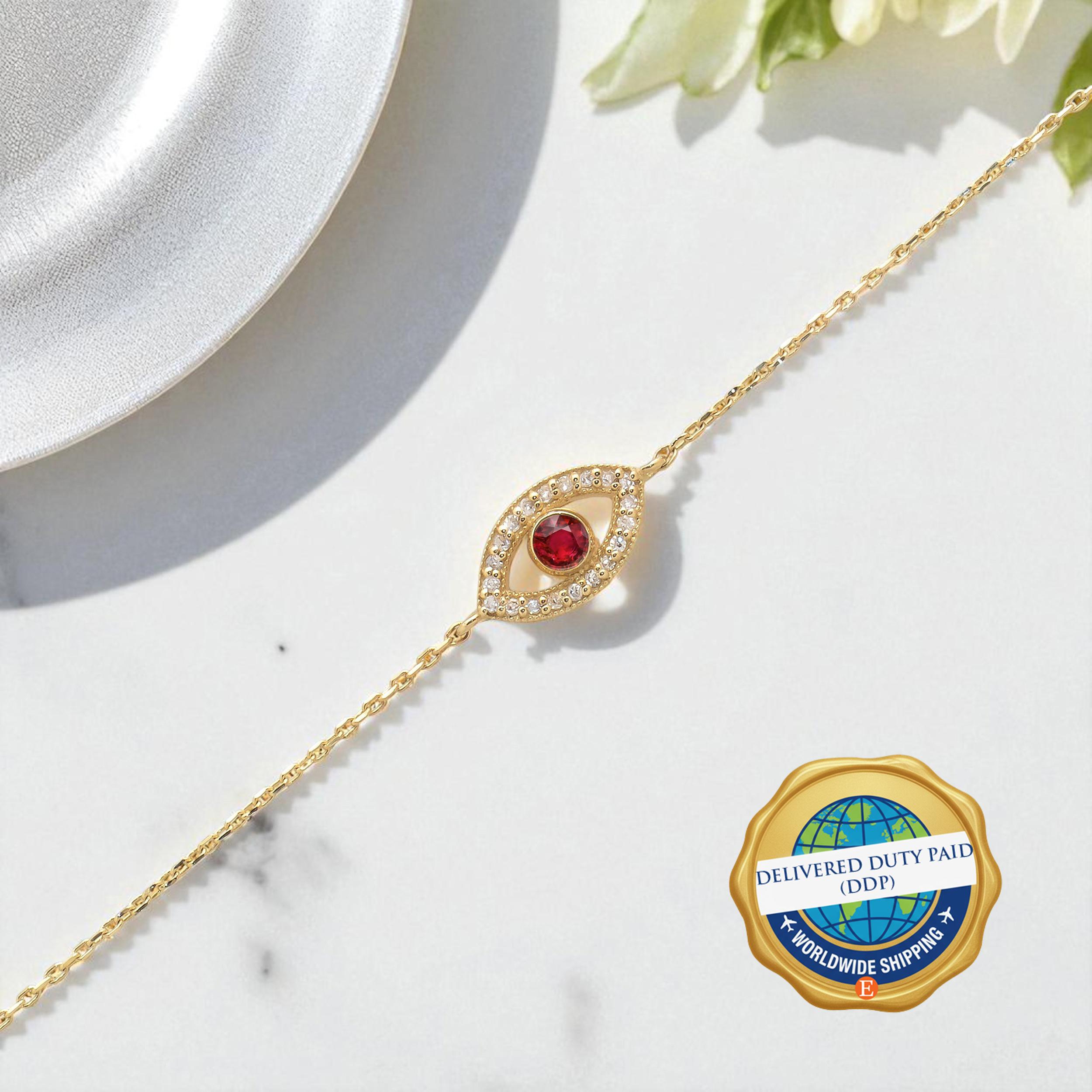 Ruby Evil Eye Bracelet, 14K Gold Diamond Protection Red Ruby
