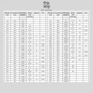 May include: A black and white ring size conversion chart titled Mira Diamonds with a logo at the top. The chart displays two columns of data listing diameter in mm, circumference in mm, and various international sizing standards including British/Irish.