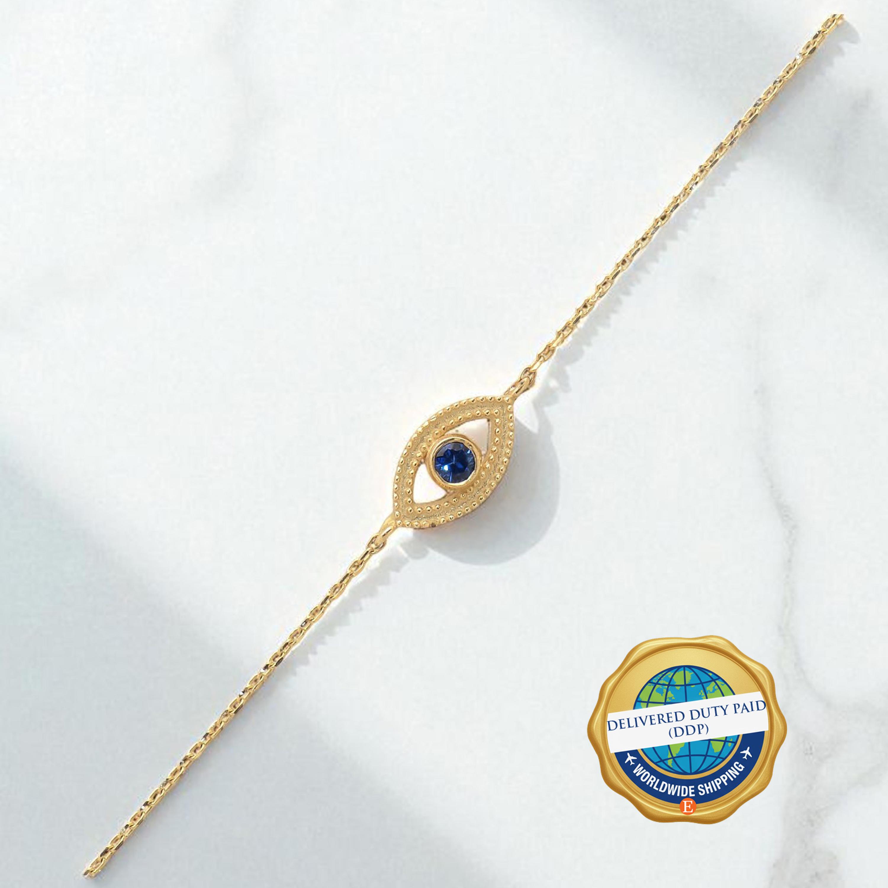 Sapphire Evil Eye Bracelet, Dainty Evil Eye Chain Bracelet, Blue 