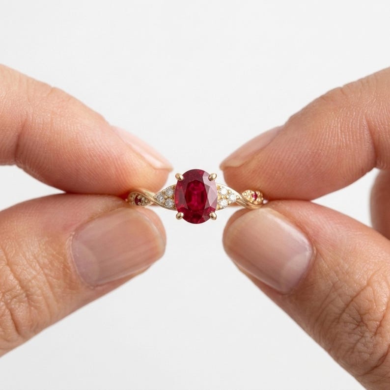 May include: A gold ring featuring a central oval-cut red ruby gemstone held by four prongs. The band is accented with small, clear round-cut diamonds and tiny red rubies set along the twisted metal shank on both sides of the main stone.