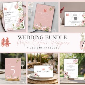 Minimalistisches asiatisches Thema Hochzeitseinladungsvorlage Bundle Bearbeitbar Doppelt Glück Chinesisch Vietnamesisch Beschilderung Karte Zeremonie Tisch Empfang
