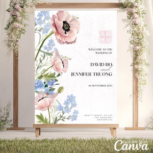 Asian Wedding Welcome Sign Template Chinese Vietnamese Tea Ceremony Double Happiness DIY Printable Canva Oriental Pink Blue Floral Board