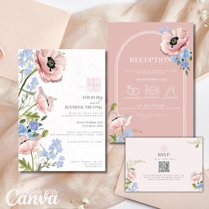 Moderne Aziatische bruiloft uitnodiging sjabloon bundel QR-code RSVP bloemen Chinees Vietnamees Oosters minimalistische uitnodigingskaart Dubbel geluk roze