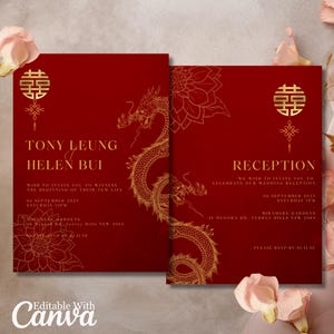 Plantilla de invitación de boda asiática tradicional con diseño floral de dragón rojo y dorado, estilo asiático, chino y vietnamita, doble felicidad, editable e imprimible.