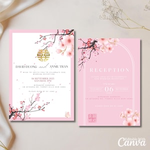 Modèle d'invitation de mariage sur le thème de l'Asie chinoise en fleurs de cerisier