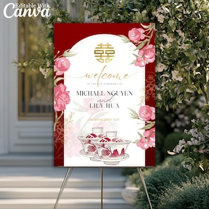 Red and Gold Peony Asian Wedding Welcome Sign: Chinese Vietnamese Tea Ceremony Vu Quy Decor (Digital Download)