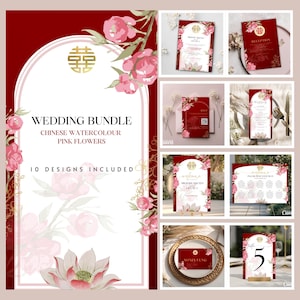 Modello di invito per matrimonio asiatico Super Bundle modificabile Cinese Vietnamita Asiatico Orientale Segnaletica Rosso Oro Doppia Felicità