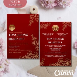 Plantilla de invitación de boda tradicional vietnamita Thiep Cuoi con flores rojas y doradas, bilingüe, vietnamita, tarjeta asiática oriental, doble felicidad