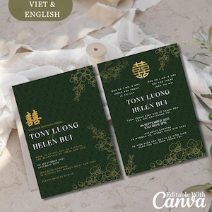 Plantilla de invitación de boda tradicional vietnamita Thiep Cuoi, verde esmeralda y dorado, invitación vietnamita bilingüe, tarjeta asiática oriental, doble felicidad