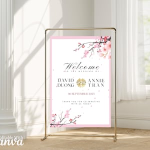 Cherry Blossom Asian Theme Wedding Welcome Sign Template DIY Editable Canva Modern Chinese Vietnamese Tea Ceremony Double Happiness Signage