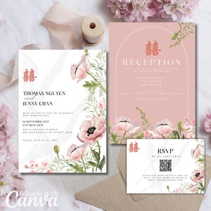 Paquete de plantillas de invitación de boda asiática moderna, código QR, RSVP, floral, chino, vietnamita, oriental, minimalista, tarjeta de invitación, doble felicidad, rosa