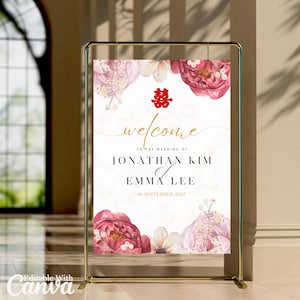 Asian Wedding Welcome Sign Template DIY Editable Canva Chinese Vietnamese Tea Ceremony Double Happiness Red Pink Gold Wedding Signage Board