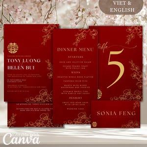 Paquete de plantillas de invitación de boda vietnamita Thiep Cuoi, letrero bilingüe floral rojo y dorado, invitación vietnamita, tarjeta asiática oriental, doble felicidad