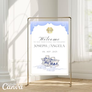 Asian Wedding Tea Ceremony Welcome Sign Template Gold Board Editable Canva Instant Download Chinese Vietnamese Double Happiness Signage