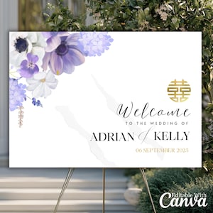 Lilac Gold Floral Wedding Welcome Sign: Chinese Vietnamese Ceremony Decor (Digital Download)