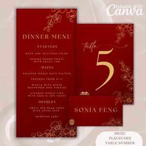 Pacote de modelos de convites de casamento asiáticos, número de mesa, menu, cartão de lugar, vermelho, dourado, felicidade dupla, moderno, chinês, vietnamita, conjunto de sinalização, convite